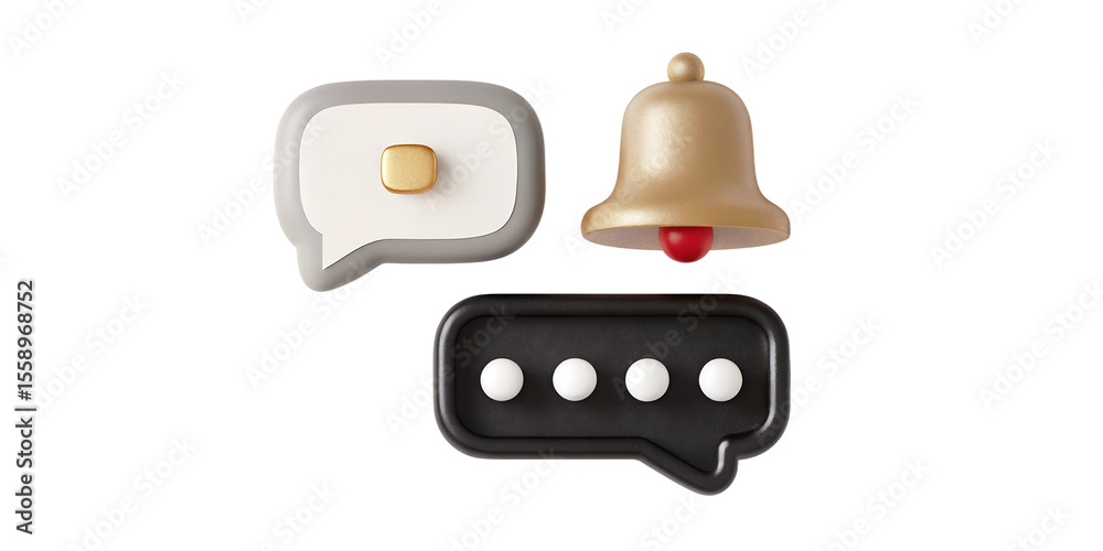 Fototapete a set of three 3d rendered icons isolated on transparent background includes a gold bell, a gray spe