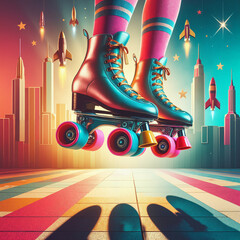 Colorful roller skates in mid-air against a vibrant city skyline with a retro design
