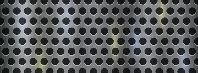 Perforated metal sheet texture with brushed steel surface and round holes. Industrial metallic pattern background perfect for modern tech, automotive, or engineering designs.