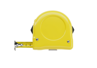 A bright yellow tape measure with its blade fully extended, showcasing clear black imperial and metric markings and a polished metallic silver finish, centered on a transparent isolated background