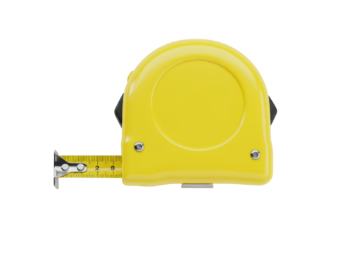 A bright yellow tape measure with its blade fully extended, showcasing clear black imperial and metric markings and a polished metallic silver finish, centered on a transparent isolated background