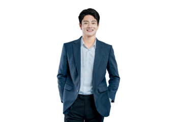 A relaxed and successful young Asian businessman stands with his hands in his pockets, smiling confidently. Full-length portrait on PNG