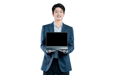 A confident young Asian businessman presents a laptop with a blank screen, perfect for a website or...