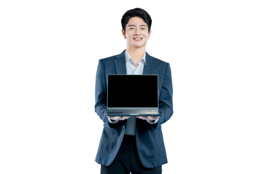 A confident young Asian businessman presents a laptop with a blank screen, perfect for a website or software mockup.
 - Powered by Adobe