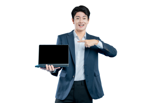  young professional points at a laptop with a blank screen, enthusiastically recommending a product or feature.
