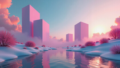 Surreal landscape with pink geometric structures and a tranquil river at sunset