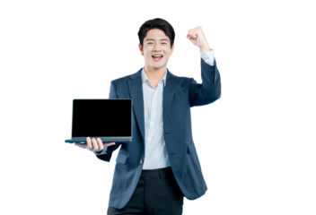 A happy young professional holds a laptop , indicating satisfaction with a technology product or service.