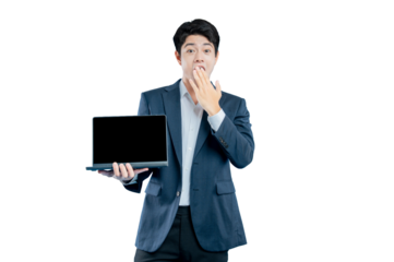 A happy young professional holds a laptop , indicating satisfaction with a technology product or service.	