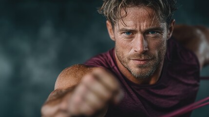 Sweaty Man Intensely Using Resistance Bands for Strength Training