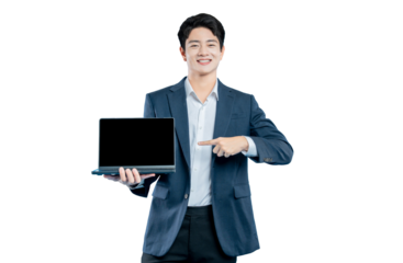  young professional points at a laptop with a blank screen, enthusiastically recommending a product or feature.
