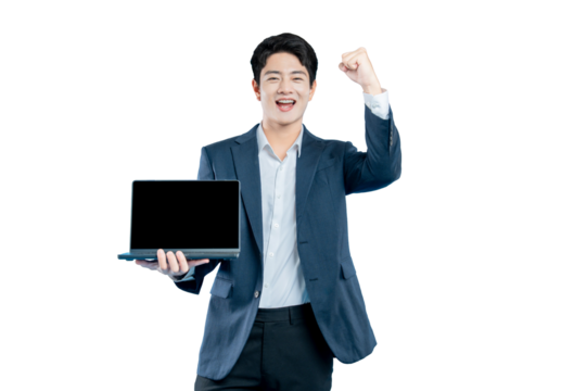 A happy young professional holds a laptop , indicating satisfaction with a technology product or service.	