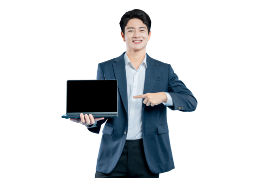  young professional points at a laptop with a blank screen, enthusiastically recommending a product or feature.
