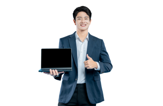 A cheerful businessman gives a thumbs-up while holding a laptop with a blank screen, showing approval for a website or software.
