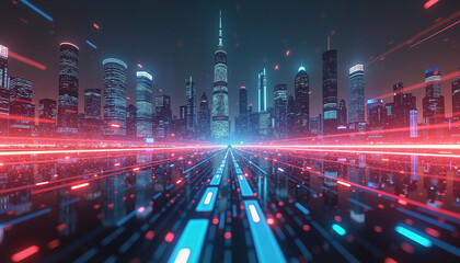 Futuristic city skyline with vibrant neon lights and dynamic perspective