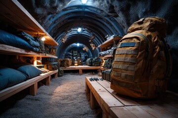 Fototapeta premium Military storage area features backpacks and supplies in an underground facility illuminated by warm lights