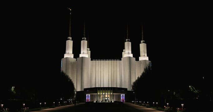 Washington DC LDS Temple dark night. Temple of The Church of Jesus Christ of Latter-day Saints, LDS or Mormon religion. Christian religious groups. Sacred building for eternal worship. Beautiful.