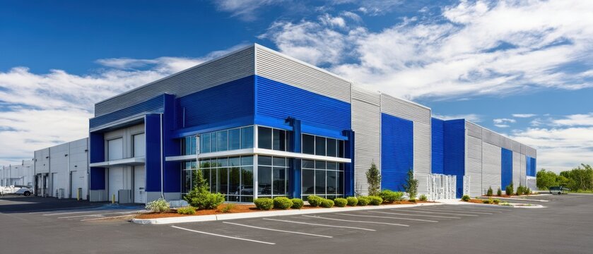 The modern industrial building with striking blue accents and elegant glass architecture
