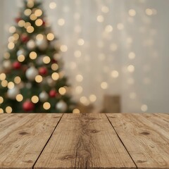     Rustic Wooden Table with Warm Natural Grain in Festive Christmas Background Featuring Bokeh Lights and Decorated Tree – Cozy Holiday Mockup Scene
