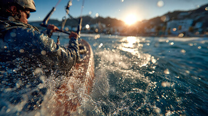 Naklejka premium Action shot of a kitesurfer powering through the water, taken from a dynamic, low angle with intense sunlight and ocean spray