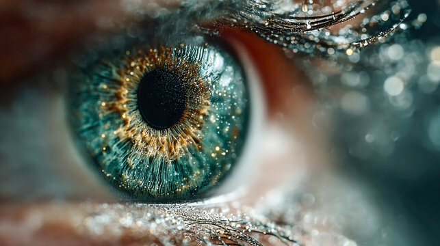 Close-up of a human eye with digital code reflections and glitter particles, symbolizing cybersecurity and data protection