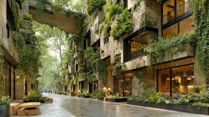 Fototapeta premium A modern eco-friendly urban street featuring buildings fully integrated with lush vertical gardens and large glass windows, promoting sustainable living