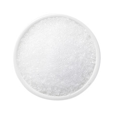 Full plate of citric acid granules isolated on white background, top view