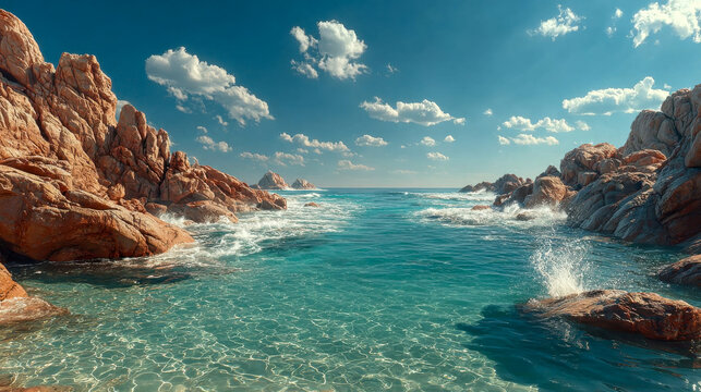 A scenic view of turquoise seawater flowing between red rock formations under a clear blue sky with scattered clouds - Powered by Adobe