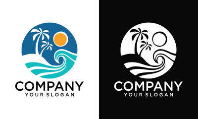 Creative Beach with palm tree logo design Vector