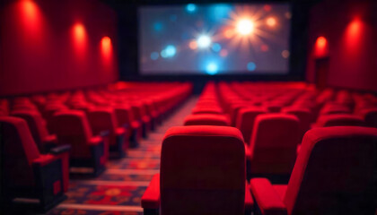 Empty Red Cinema Seats Facing Glowing Screen In Dark Theater With Ambient Lighting. Concept Of Movie Night Atmosphere, Entertainment Culture, And Cinematic Experience Visuals For Media Content