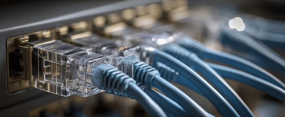 The close-up view of blue network cables connected to a data switch.