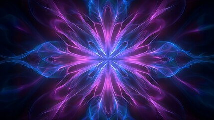 Abstract glowing flower design with blue and purple light in symmetrical pattern