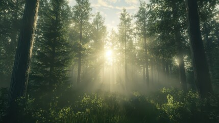 Sunlight streaming through tall trees in a dense forest casting bright rays and creating a misty atmosphere