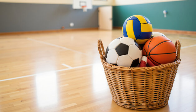 Assorted sports balls in a wicker basket on a gymnasium floor  