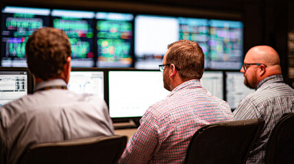 Three men in an office monitor multiple computer screens displaying data and graphs, likely analyzing or managing information.