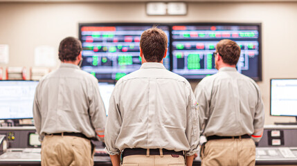 Obraz premium Three men in uniform monitor multiple large digital screens displaying data and charts in a control room environment.