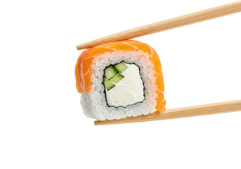 Fresh Philadelphia sushi roll with white rice, green cucumber, cream cheese, orange salmon, held by brown wooden chopsticks, suspended against a stark white background with copy space, commercial