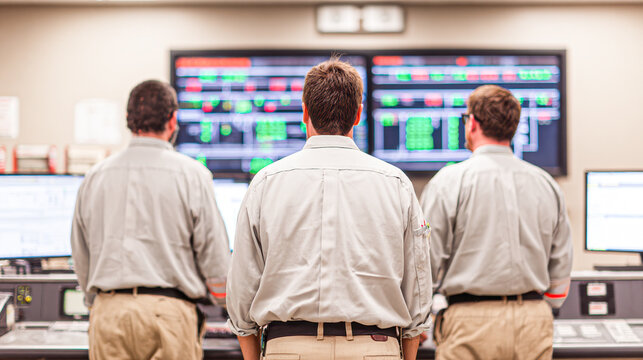Three men in uniform monitor multiple large digital screens displaying data and charts in a control room environment.