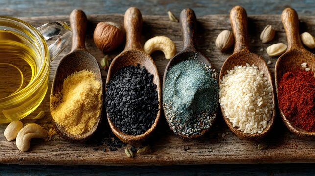 Various Spices and Oil in Wooden Spoons on Rustic Background