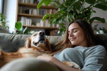 Naklejka na ściany i meble Warm afternoon at home with woman and her golden retriever cuddling on the couch