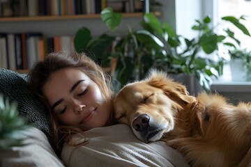 Peaceful afternoon with dog and owner indoors