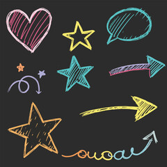 Line kid pencil color brush hand drawn chalk vector element set. Texture brush chalk stroke kid heart, star, arrow element hand drawn sketch scribble. Crayon pencil style. Vector illustration 