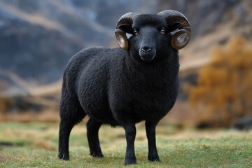 Obraz premium Black ram with curled horns standing on green grass in a mountain landscape during daylight