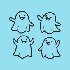 Whimsical Collection of Four Cute Happy Ghost Illustrations on a Light Blue Background