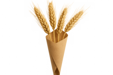 Golden wheat stalks bundled tightly, nestling within rustic brown paper cone against transparent backdrop