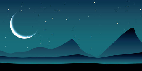 A night landscape with a new moon shining on a dark starry sky. Silhouettes of mountains and hills are visible in the foreground. The atmosphere is calm and mysterious.