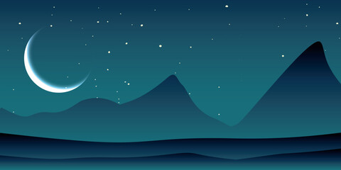 A night landscape with a new moon shining on a dark starry sky. Silhouettes of mountains and hills are visible in the foreground. The atmosphere is calm and mysterious.