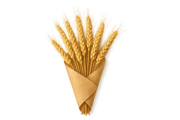 Wheat ears bouquet tied with twine, bundled in kraft paper, resting against transparent backdrop, showcasing rustic harvest elegance