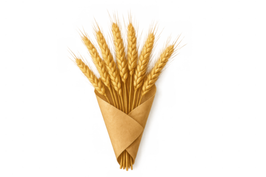 Wheat ears bouquet tied with twine, bundled in kraft paper, resting against transparent backdrop, showcasing rustic harvest elegance - Powered by Adobe