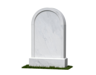 A pristine white marble tombstone with an elegant arched design stands solemnly on green grass.