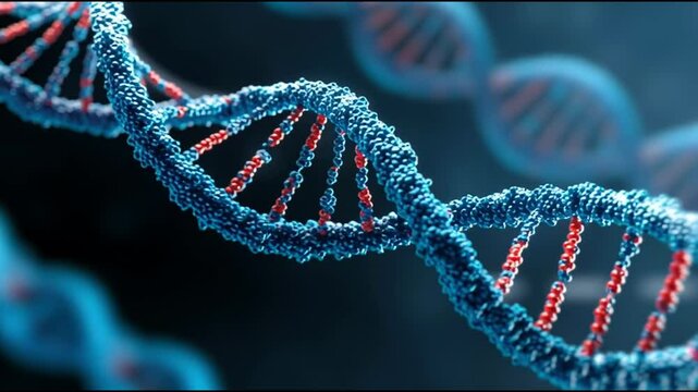 Animated DNA strand in 3D digital illustration showing molecular structure with blue and red particles on dark blurred background, symbolizing genetics and science research. - Powered by Adobe